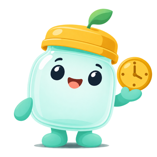 Pip, a smiling glass jar holding a clock coin